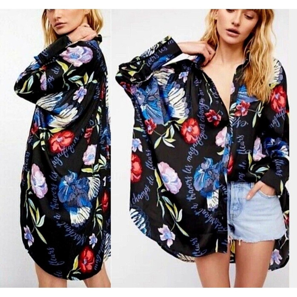 Free People Silky Nights Black Floral Button Down Oversized Flowy Blouse